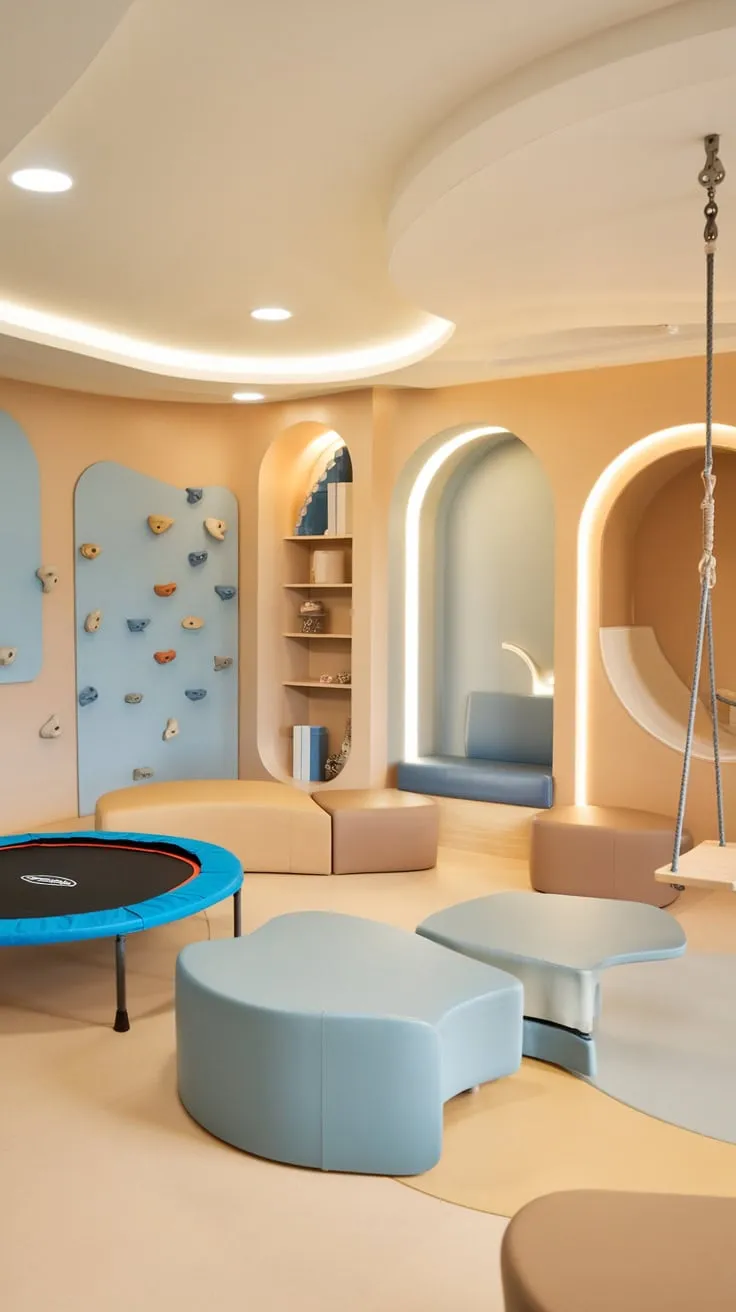 A multipurpose playroom lounge offers older kids an exciting indoor gym featuring a trampoline, climbing wall, swing, and slide, complemented by cozy seating and ample storage.