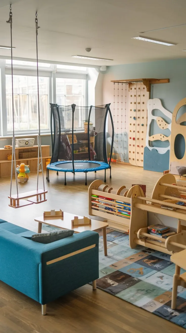A bright playroom seamlessly blends active play equipment like swings and a climbing wall with a relaxing lounge area featuring a sofa and coffee table, perfect for kids of all ages.