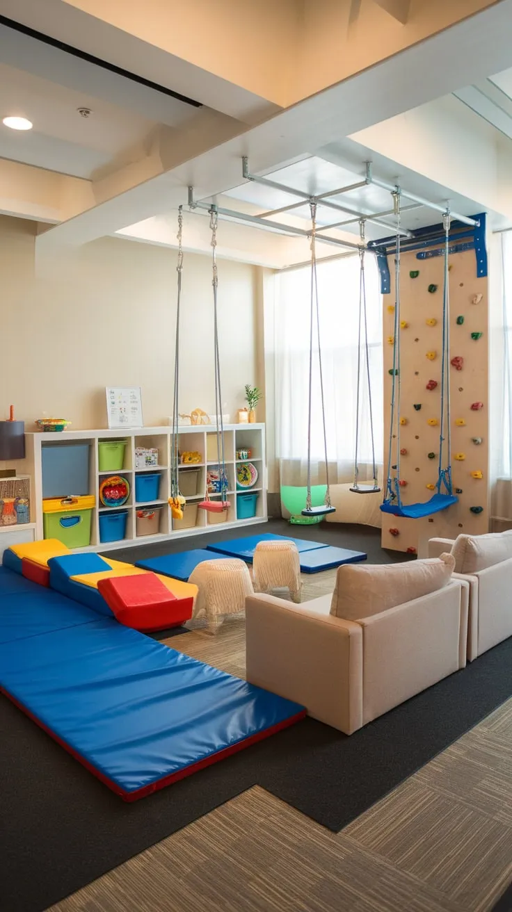 A bright playroom lounge offers kids a gym, swings, climbing wall, and foam pit, while providing comfortable seating and ample storage for parents.