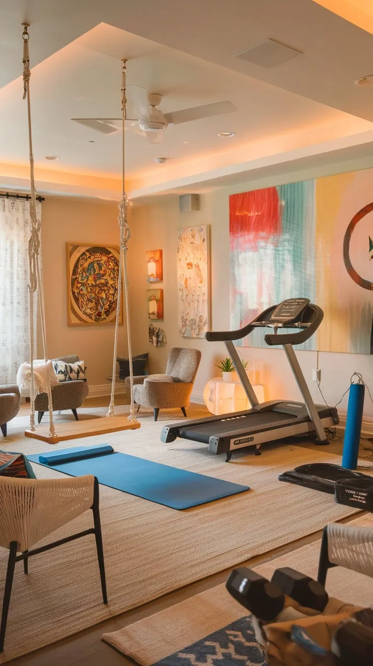 A vibrant playroom-turned-lounge boasts a home gym, indoor swing, and comfy seating, perfect for older kids' active relaxation.