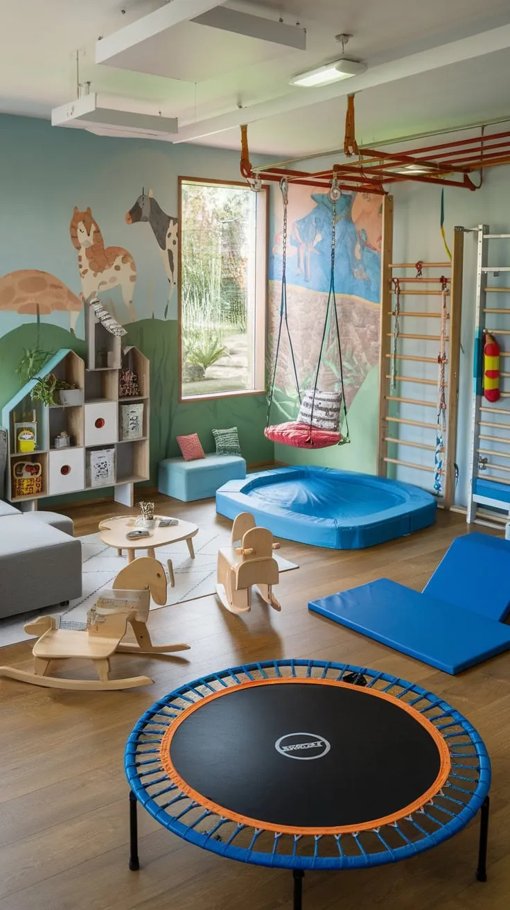 A vibrant playroom lounge seamlessly blends active fun with a relaxing parent area, featuring a kids' gym, comfy seating, and whimsical animal murals.