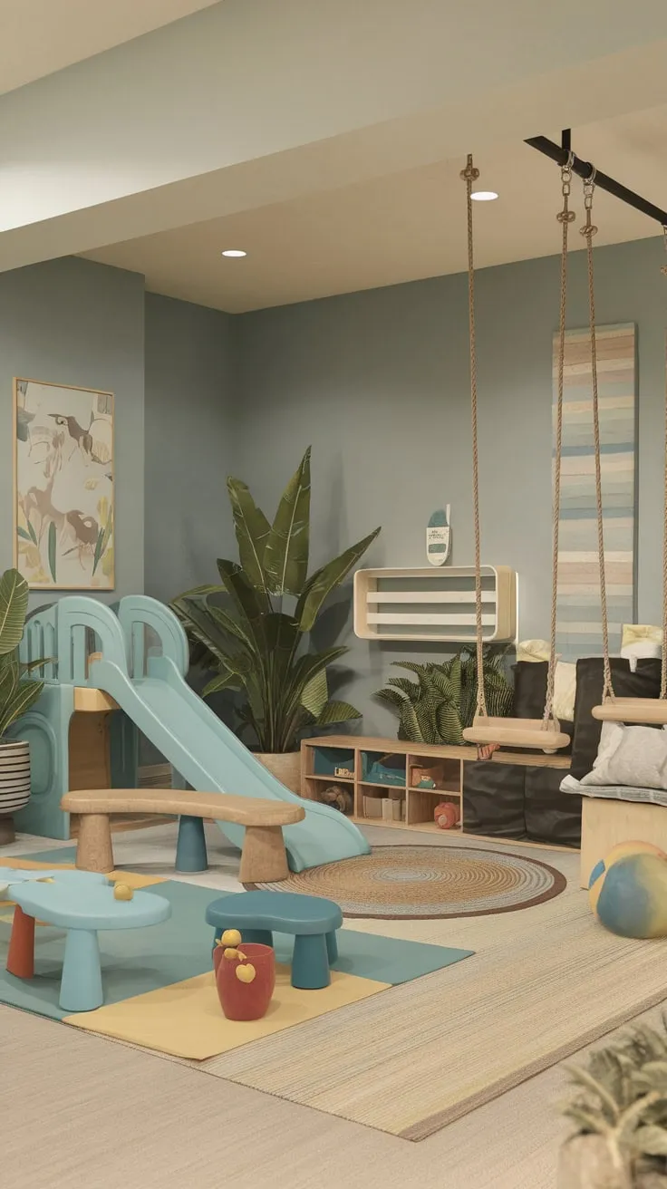 Transform your basement into a playful retreat with a dedicated kids' gym, indoor swings, and a variety of engaging toys in a calming blue playroom lounge.