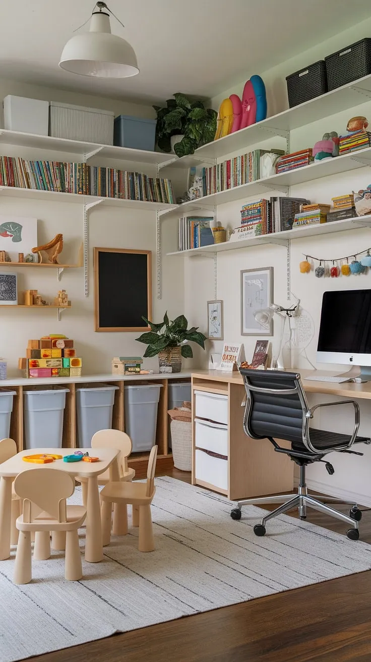 This office playroom is more than just a room; it's a vibrant hub of creativity and learning.  A family office designed for both focused work and imaginative play, this homeschool room and craft room office combination offers the best of both worlds.