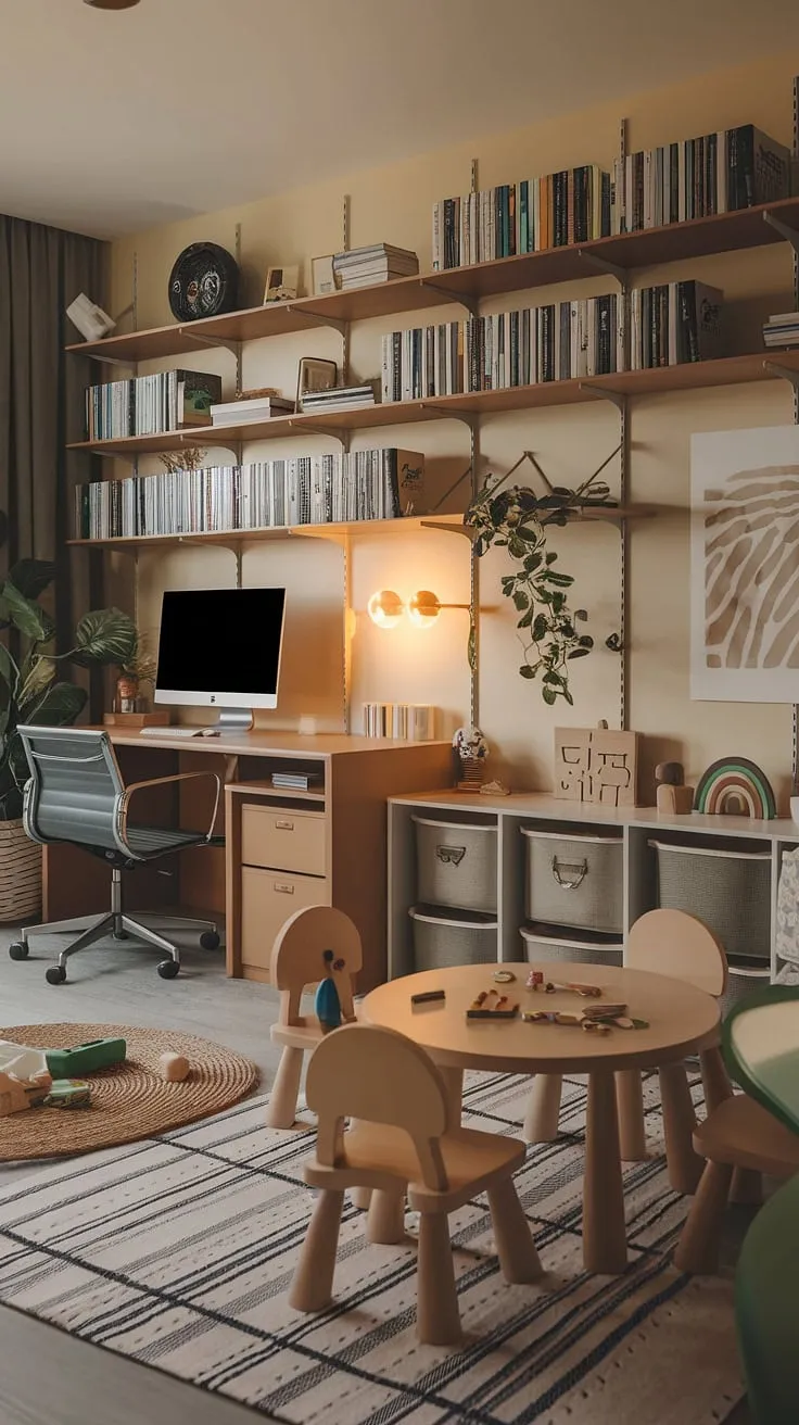Where work meets play: This cozy playroom office combo is the perfect creative workspace for both parents and kids.  A family office designed for productivity and fun, it seamlessly blends homeschool room functionality with a dedicated craft room office area.