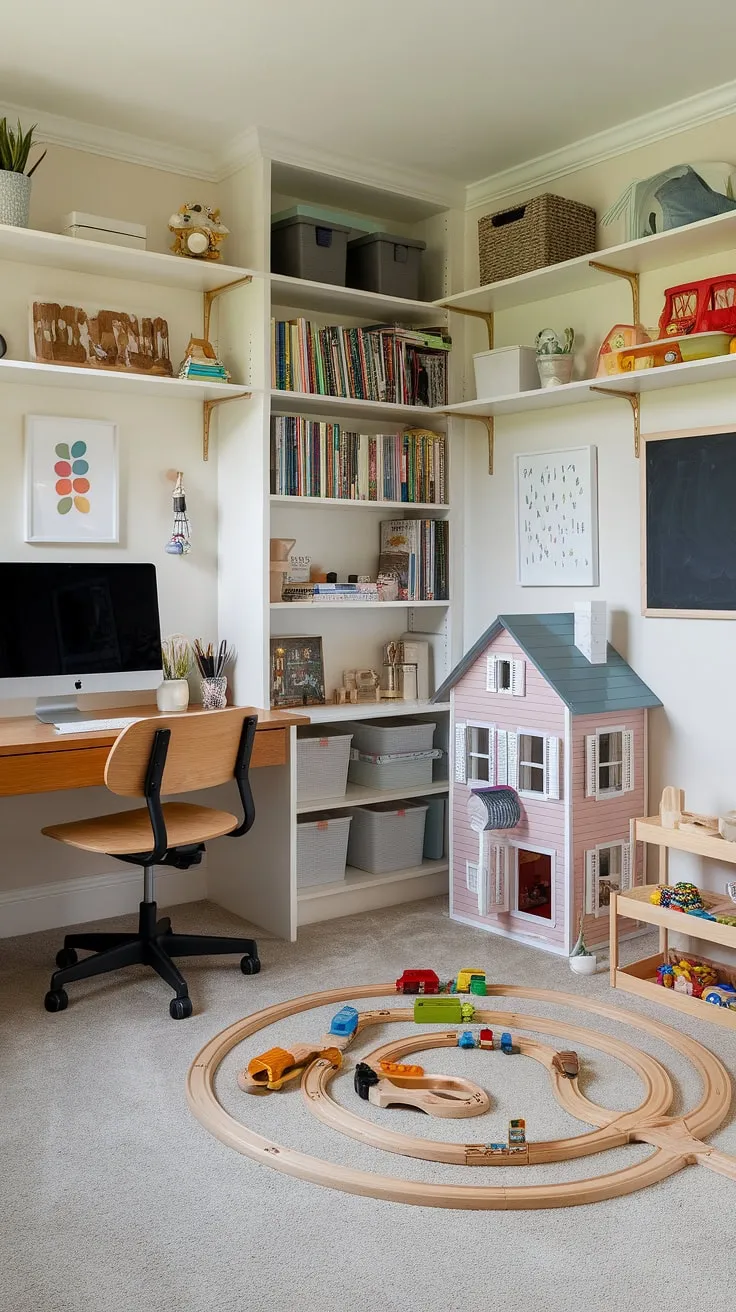 Where work meets play: This playroom office combo is the ultimate creative workspace, seamlessly blending family office functionality with a dedicated homeschool room and craft room office.  The perfect blend of productivity and fun.