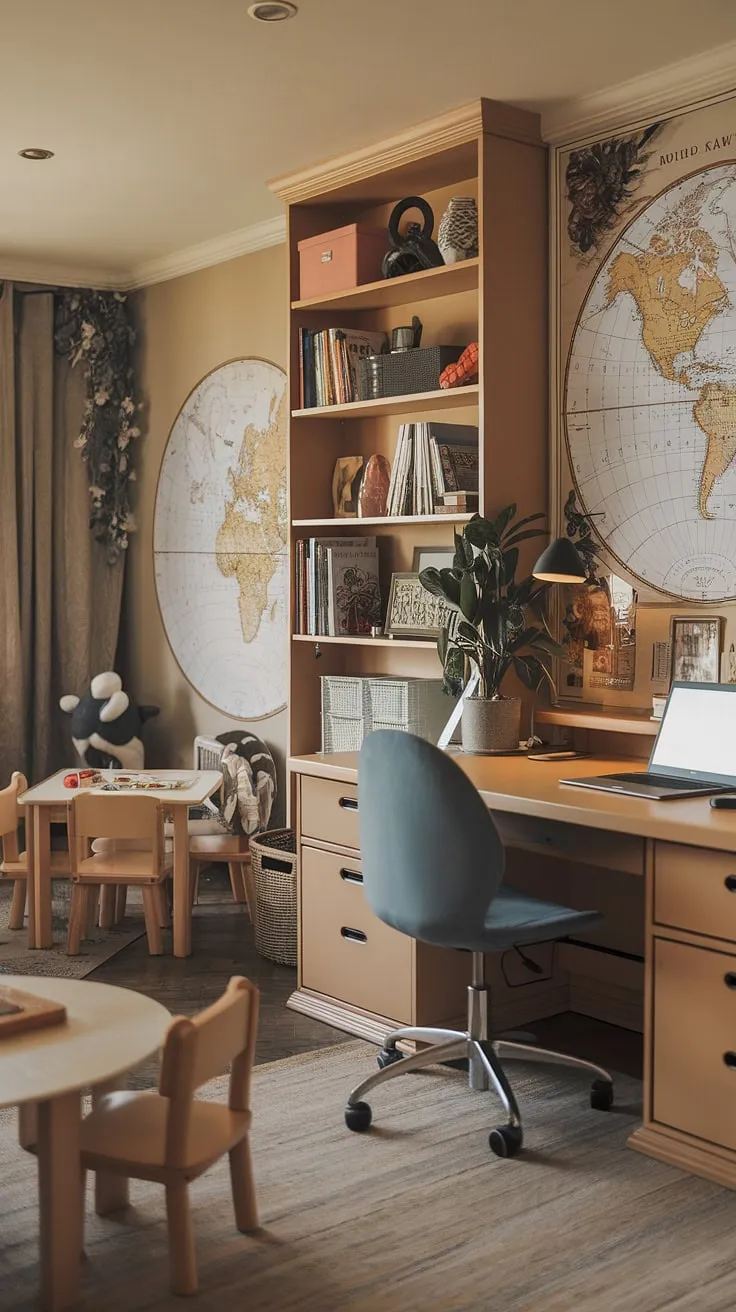 This office playroom is more than just a room; it's a haven of creativity.  A family office designed for both focused work and joyful playtime, this space effortlessly combines a dedicated craft room office with a homeschool room, making it the perfect blend of productivity and fun.