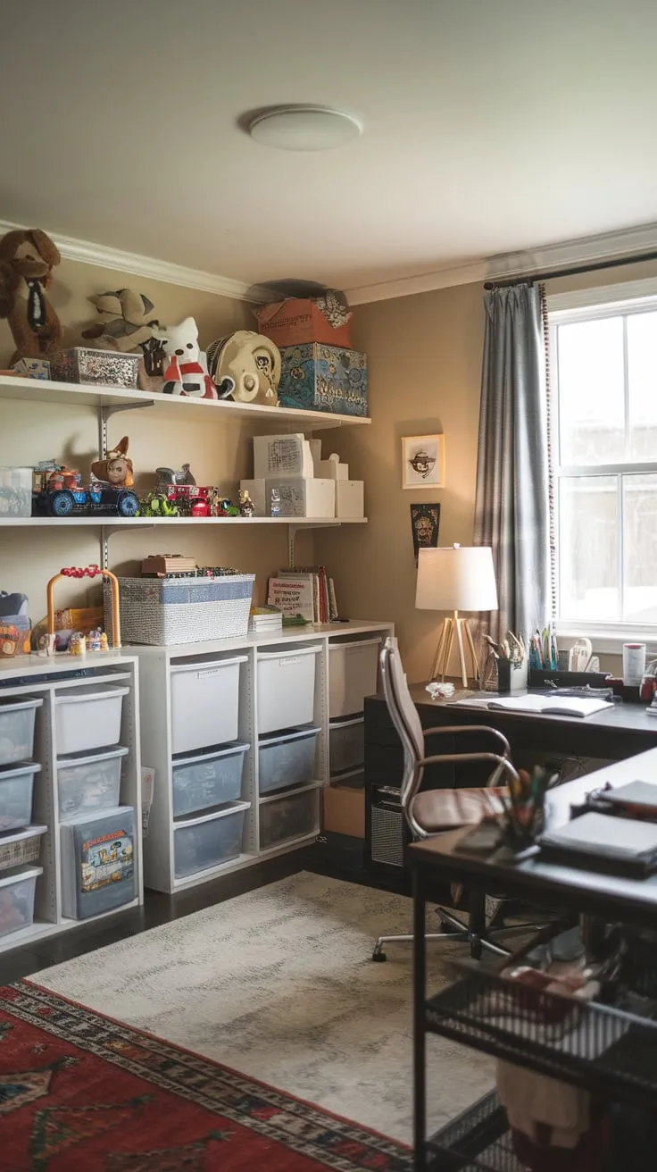 A cozy rug anchors a shared space where work and play coexist, featuring shelves of toys and a well-lit desk.