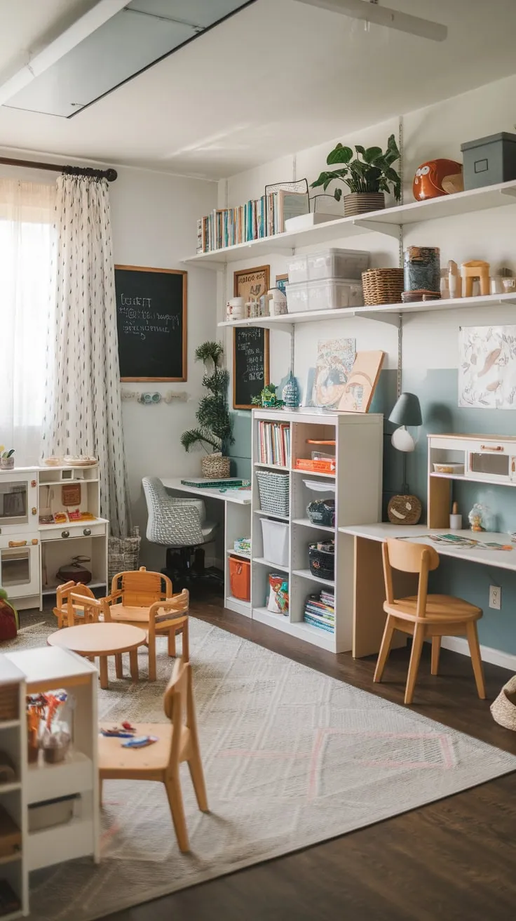 This multi-purpose room cleverly combines a child's playful world with a parent's productive workspace, featuring bookshelves, a desk, toys, and craft supplies all in one space.