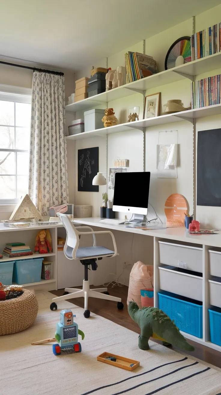 A creative playroom-office combo seamlessly blends workspace functionality with child-friendly fun, featuring a desk, shelves, toys, and a chalkboard.