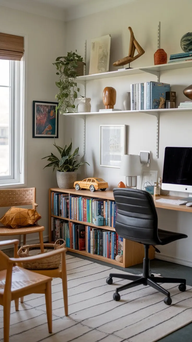 A harmonious blend of playful energy and focused work creates a dynamic playroom office, where creativity and productivity coexist.