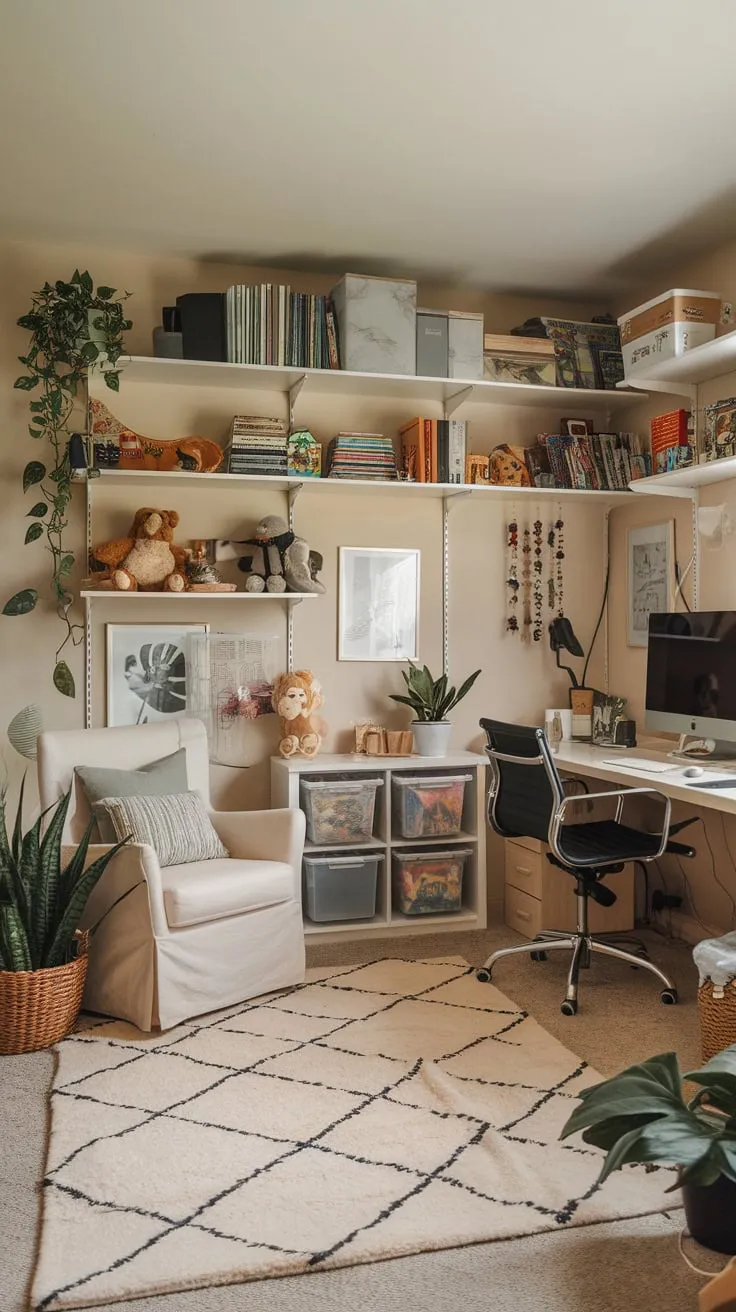 A beige-walled haven seamlessly blends playful learning with focused work, featuring a creative workspace surrounded by toys, books, and comfortable seating.