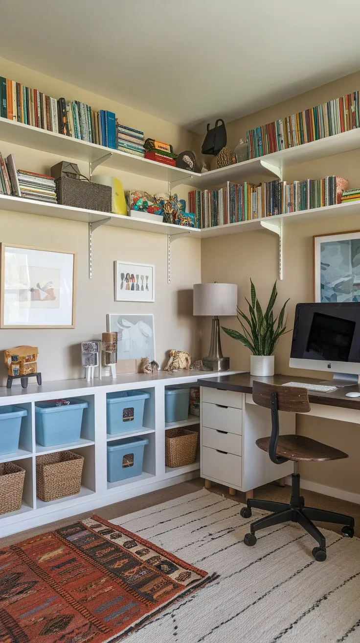 A beige-walled haven seamlessly blends playful toys and bookshelves with a functional workspace, complete with desk, chair, and calming decor.