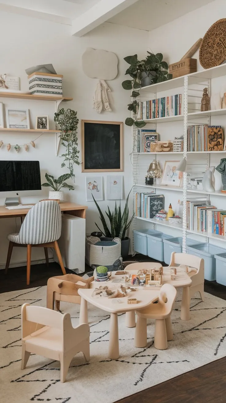 A harmonious blend of playful learning and productive work, this playroom office combo seamlessly integrates a child's imaginative space with a functional adult workspace.
