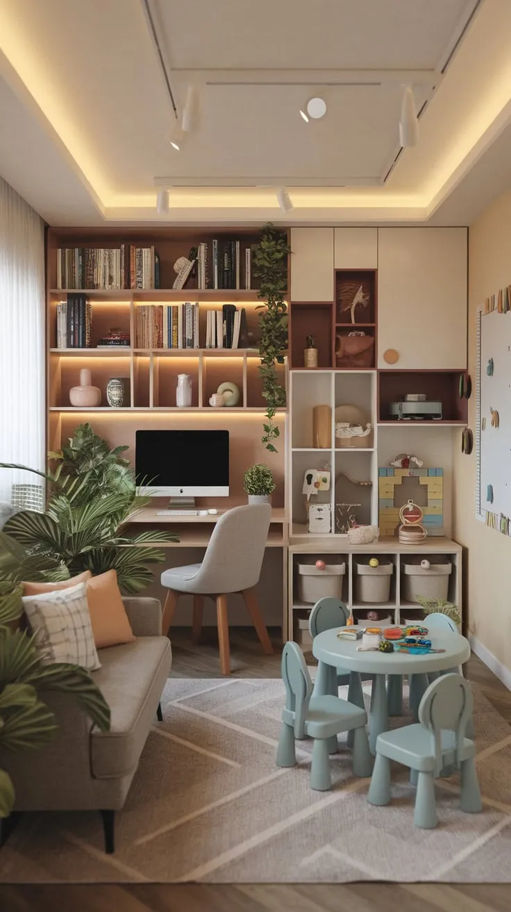 Blending work and play, this family room features a cozy office nook alongside a dedicated play area, fostering a balanced and engaging environment.