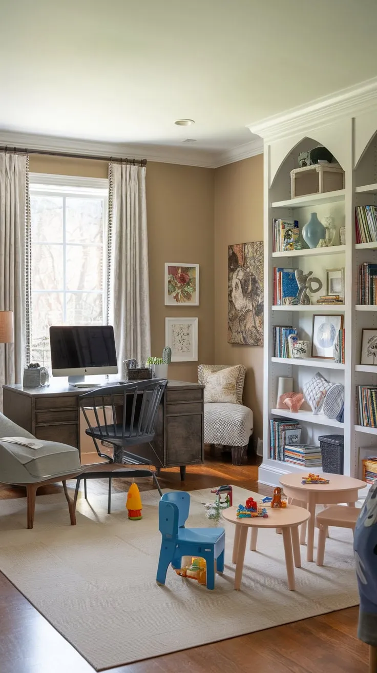 A beige-walled room seamlessly combines office functionality with playful elements, creating a bright and inviting space for work and fun.