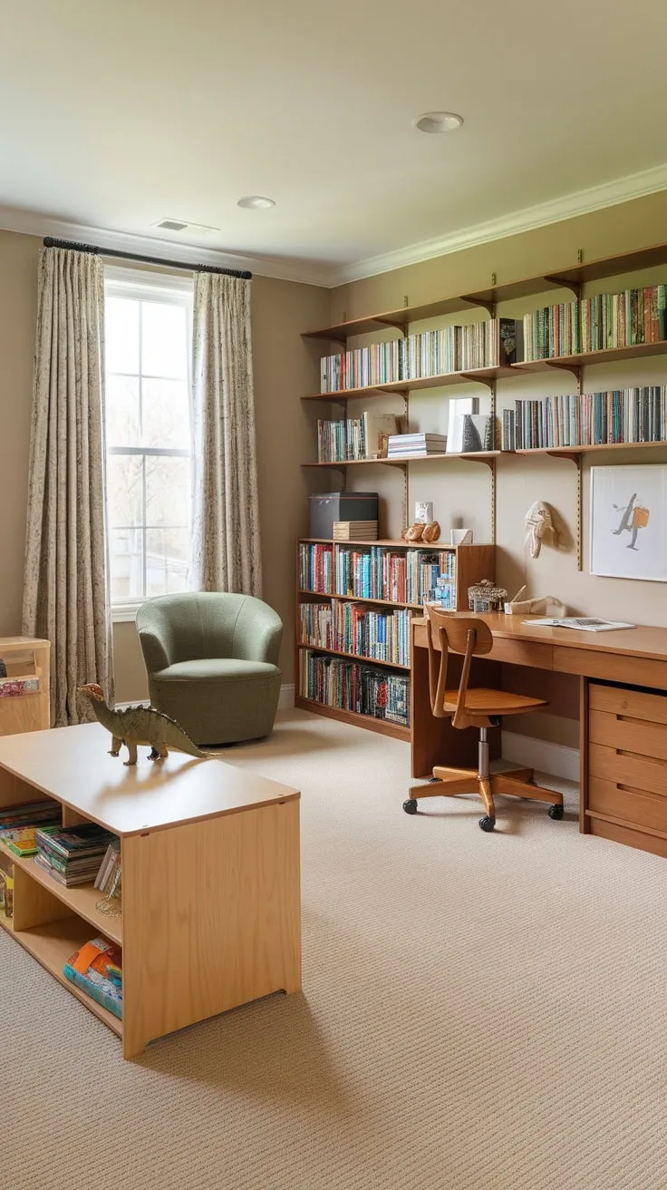 A bright beige playroom seamlessly blends work and play with a wooden desk, bookshelves, and a playful dinosaur toy.