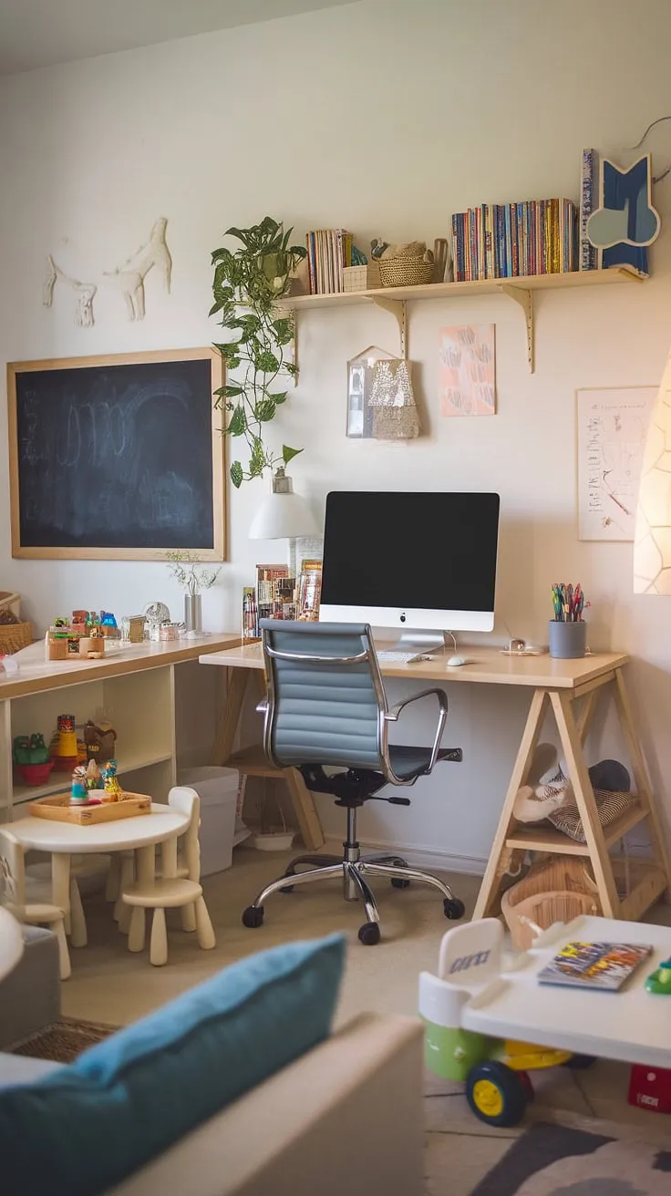 This office playroom is more than just a room; it's a haven of creativity.  A family office designed for both focused work and imaginative play, this space effortlessly combines a creative workspace with a dedicated play area, making it an ideal homeschool room or craft room office.