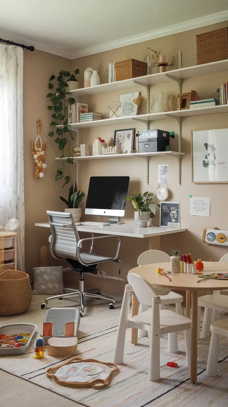 Where work meets play: This creative workspace seamlessly blends a family office with a vibrant playroom, perfect for homeschooling, crafting, and fostering a playful yet productive atmosphere.  The craft room office and playroom office combo is a testament to efficient, family-friendly design.