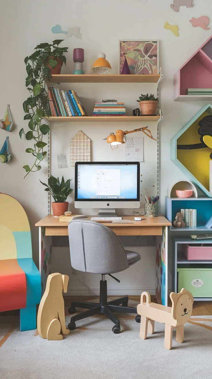 Where work meets play! This playroom office combo is the ultimate creative workspace, a family office designed for both productivity and fun.  The homeschool room vibe is strong, perfect for crafting, working, and letting imaginations run wild.