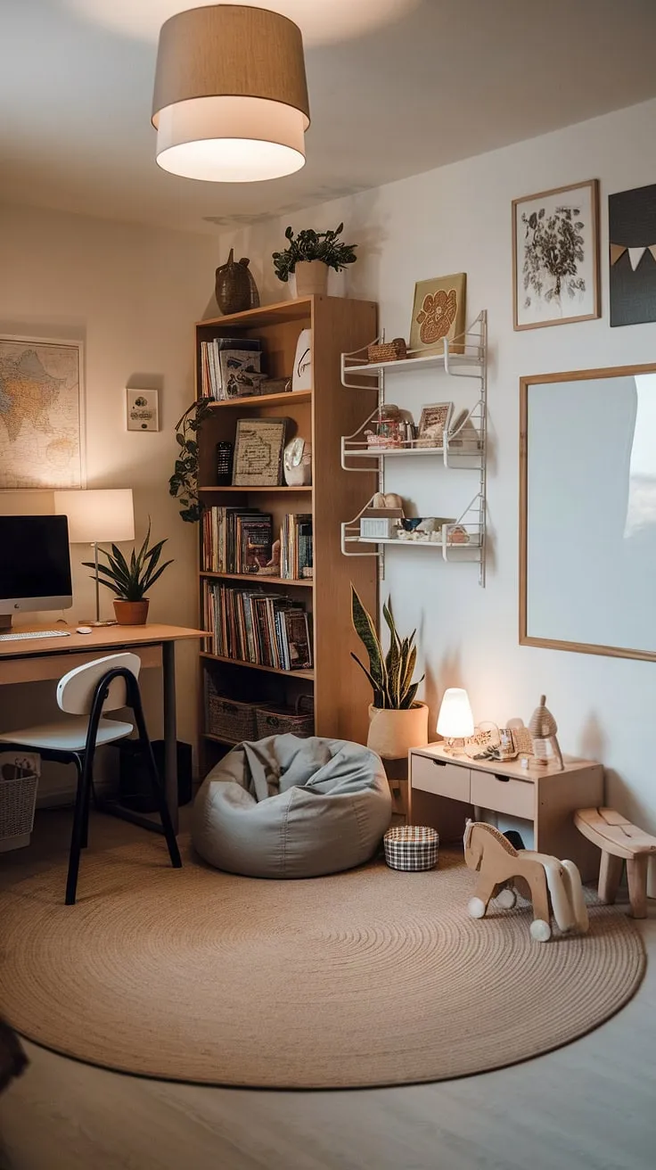 Where work meets play: This creative workspace seamlessly blends office functionality with a playful environment perfect for a family office, homeschool room, or craft room office.  The playroom office combo offers a stimulating atmosphere for both productivity and imaginative exploration.