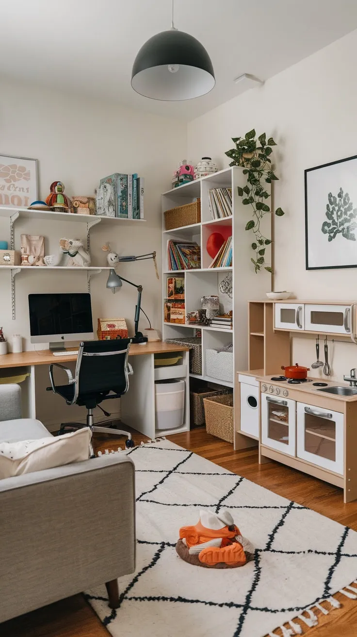 This room cleverly combines a productive workspace with a fun-filled play area, perfect for busy parents who want to be present.