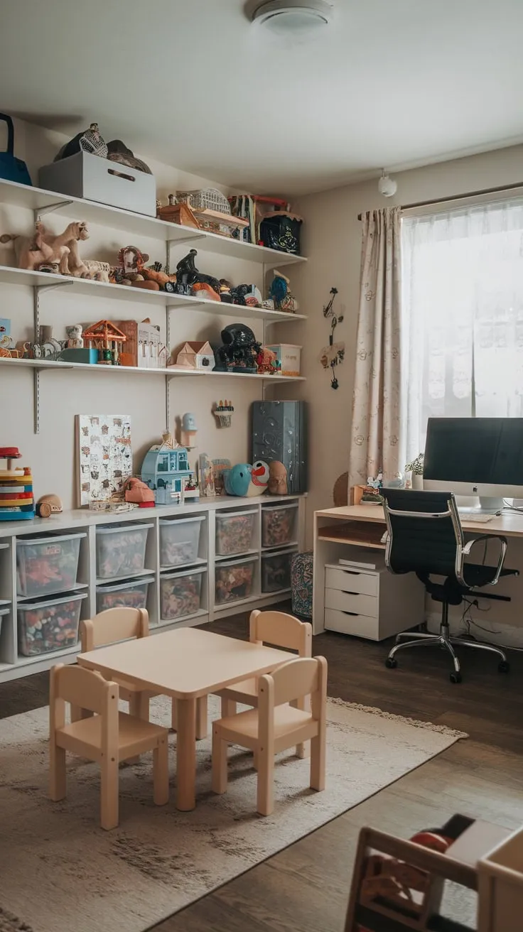 A vibrant playroom seamlessly integrates a functional workspace, blending toys and technology in one inspiring room