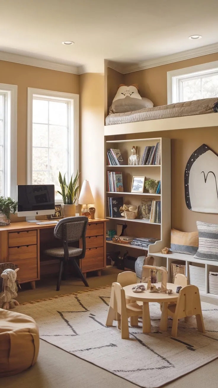 Warm beige walls and natural wood create a harmonious space where productivity meets playful fun.