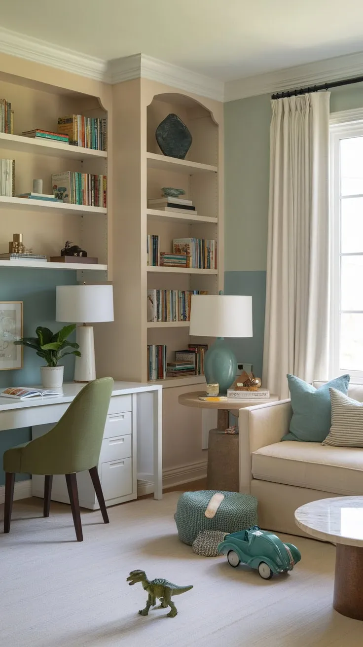A calming blue and beige playroom seamlessly integrates a workspace with a white desk and green chair, blending playful toys with adult functionality.