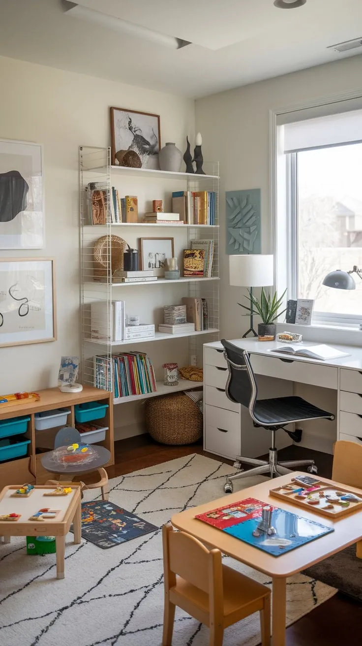 A bright playroom seamlessly integrates a functional workspace, blending childlike wonder with adult productivity.
