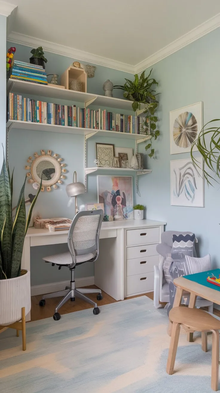 A calming blue playroom office combines adult work essentials with a child's imaginative space, creating a functional and fun shared environment.