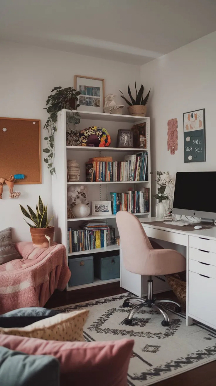 Blending work and play, this inviting space features a comfortable office setup nestled within a playful, plant-filled room.