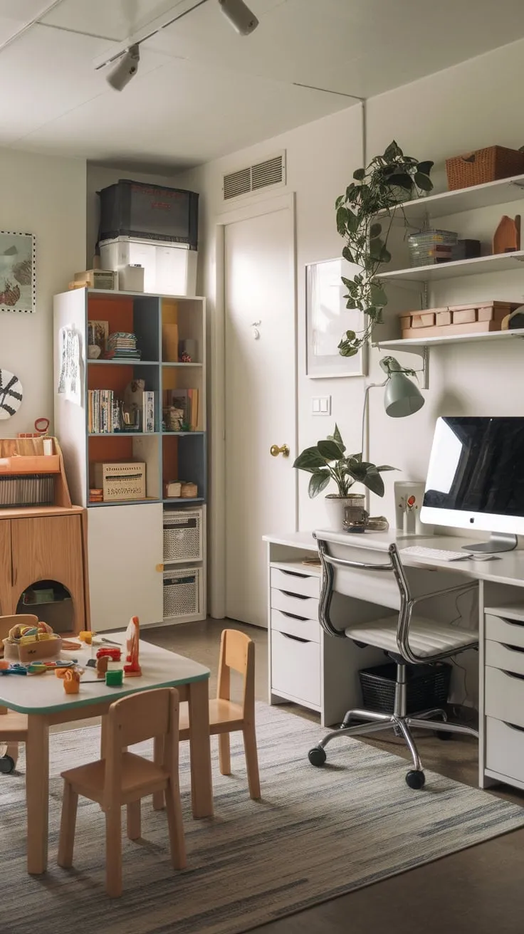 A harmonious blend of work and play, this room seamlessly integrates a functional office space with a vibrant children's play area.