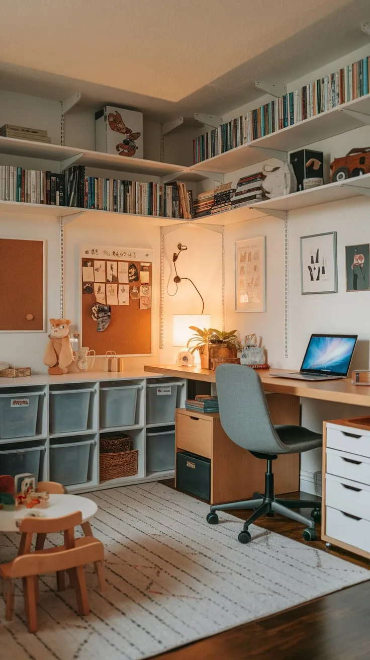 A warm, inviting playroom seamlessly blends work and play with a desk, bookshelves, toys, and a cozy atmosphere