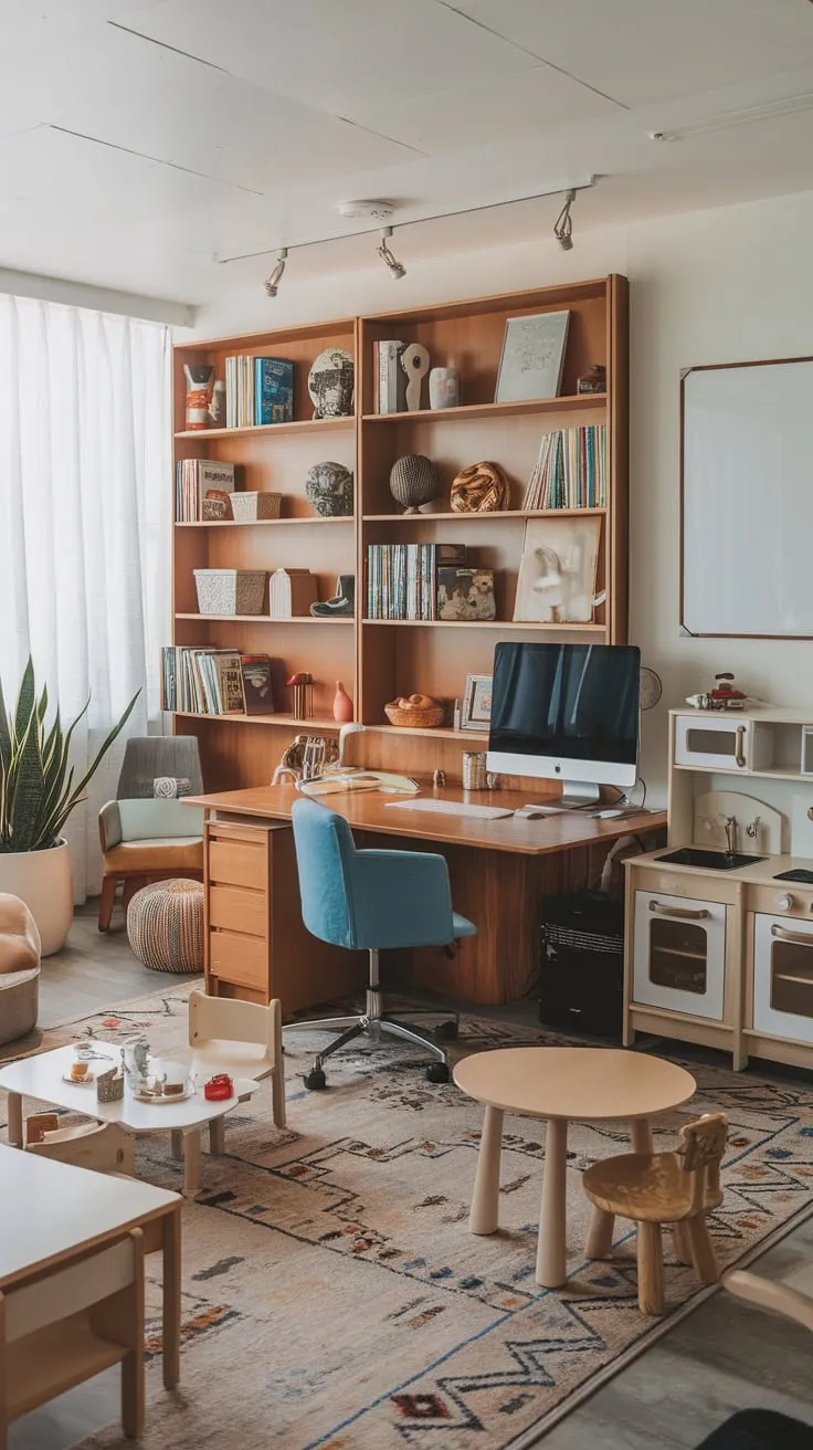 A shared space cleverly combines a productive workspace with a playful area for children, fostering creativity and efficiency.