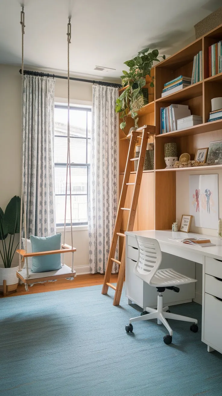 A whimsical playroom office blend seamlessly unites work and play with a white desk, bookshelf, swing chair, and pops of color.
