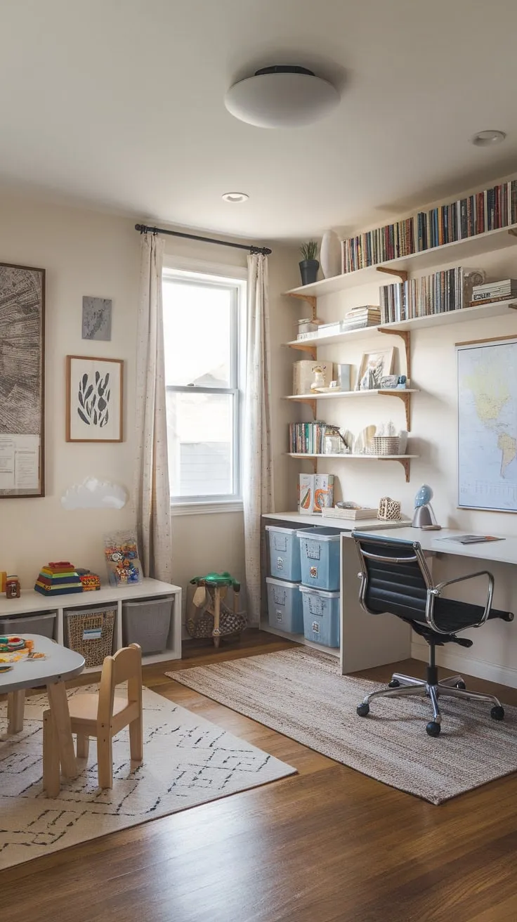 A harmonious blend of work and play, this room features a dedicated office space seamlessly integrated with a vibrant children's play area.