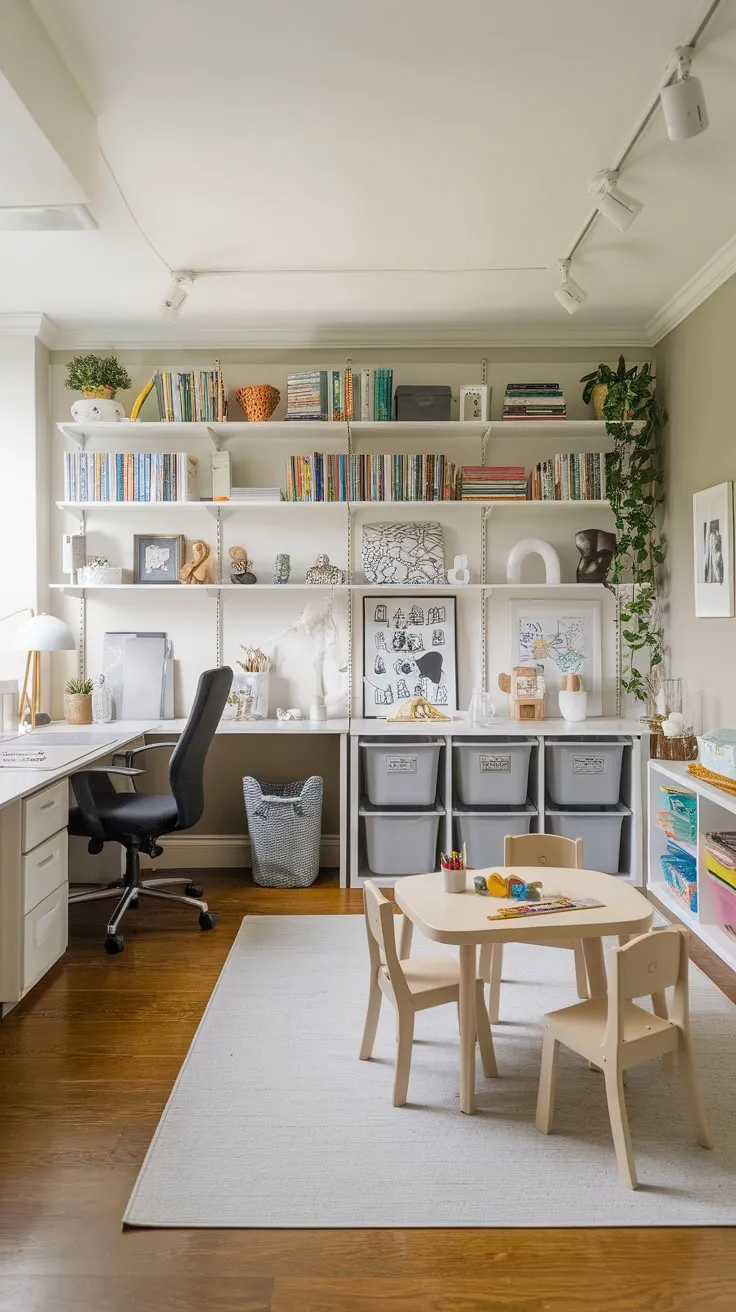 A neutral-toned room cleverly combines a functional office with a dedicated play area, offering both work and play in one inspiring space.