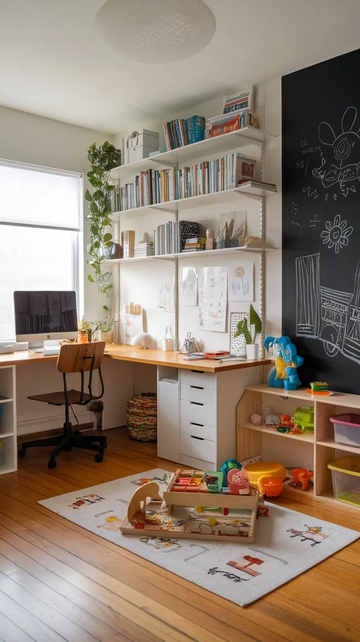 A harmonious playroom office combo inspires creativity with a dedicated workspace alongside a fun and engaging play area.