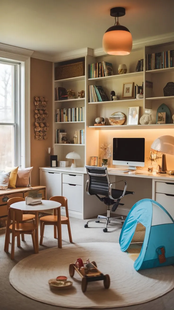 A cozy playroom-office combo seamlessly blends a creative workspace with a child's playful haven.