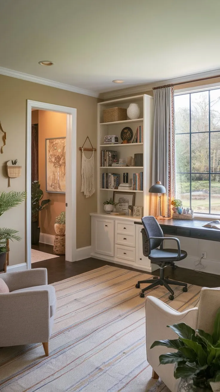 A warm, inviting playroom seamlessly blends a functional office space, complete with desk, bookshelves, and garden views, creating a productive yet playful atmosphere.