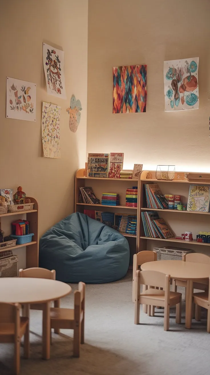 Escape the everyday in this cozy playroom reading nook, a haven of imagination where little ones can curl up with a favorite book in the bean bag reading nook, surrounded by colorful artwork and shelves brimming with stories.  This child's reading corner, perfect for a family reading nook, offers a dedicated space for preschool reading nook adventures and even serves as a toddler library nook.
