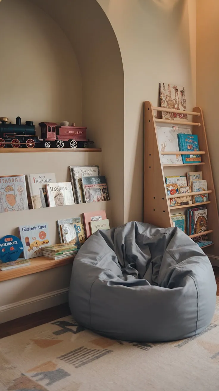 Cozy corners for curious minds. This playroom reading nook, a perfect blend of toddler library nook and family reading nook, invites little ones to explore the magic of books nestled in a bean bag reading nook. The preschool reading nook, complete with a child's reading corner and a toy train adding to the charm, makes reading an adventure.