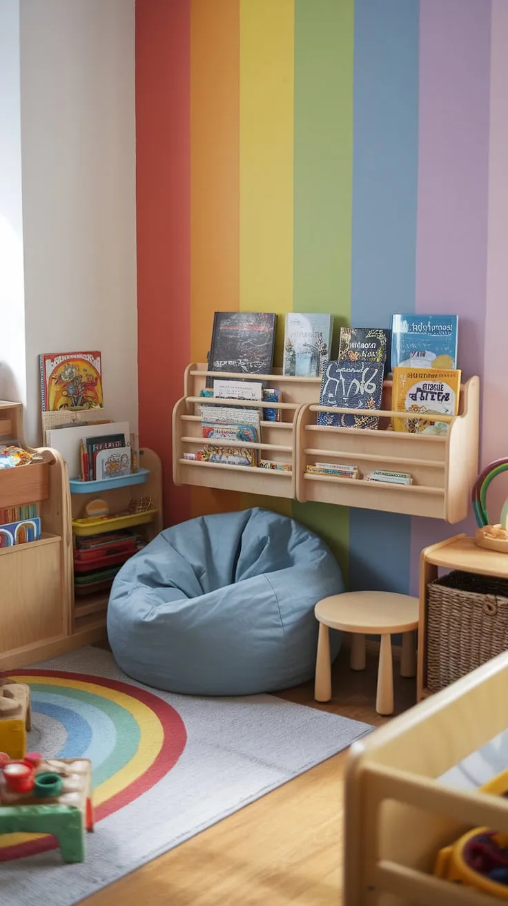 Dive into a world of wonder in this playful reading nook with bean bag!  Designed as a family reading nook, this bright and colorful space offers a dedicated child's reading corner, complete with a comfy bean bag reading nook and shelves overflowing with books.  Perfect for a preschool reading nook or a toddler library nook, this kids reading nook and toy room reading nook encourages a love of reading from the earliest age.  A truly special reading corner for baby, this playroom reading nook is where learning and fun meet.