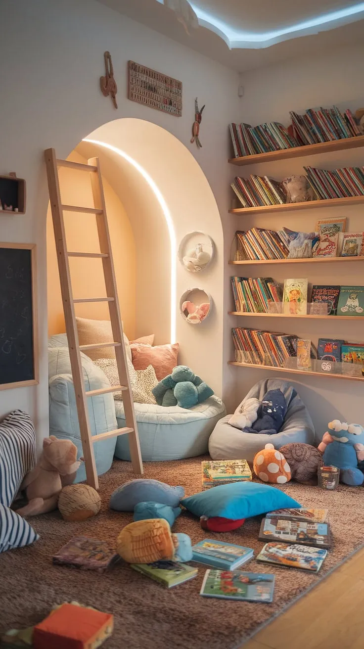 Cozy corners for curious minds! This playroom reading nook, also a perfect toy room reading nook, is a haven for little ones. The bean bag reading nook, ideal as a reading corner for baby or a preschool reading nook, invites hours of imaginative play and quiet reading time.  A family reading nook where memories are made. This kids reading nook, even a toddler library nook, is a space where learning and fun collide.