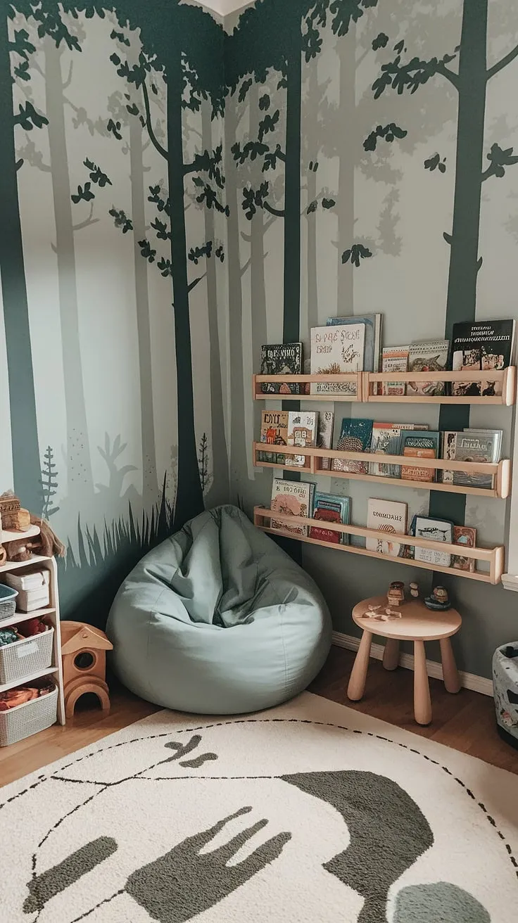 Snuggle up in this dreamy bean bag reading nook, tucked away in a vibrant playroom.  With shelves overflowing with books, this kids reading nook is the perfect spot for quiet reading time, transforming into a toddler library nook or a family reading nook for shared stories.  A truly magical reading corner for baby and a preschool reading nook all in one.