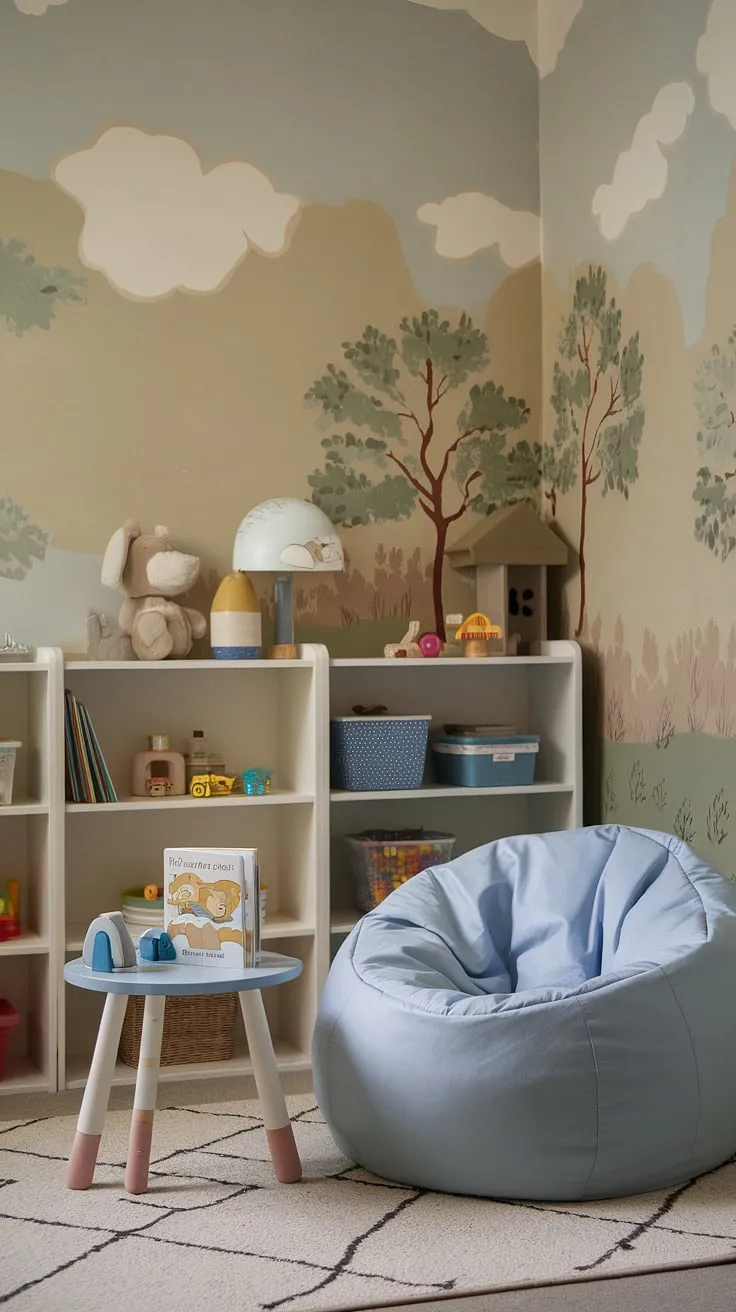 Drift away to storybook lands in this enchanting toy room reading nook.  A comfy bean bag reading nook provides the perfect spot for snuggling up with a favorite tale, while nearby shelves overflow with books and toys. This kids reading nook, designed as a reading corner for baby and ideal for a preschool reading nook, creates a magical space where learning and play intertwine.  This family reading nook is a cherished reading corner with bean bag, transforming even the busiest playroom into a tranquil haven.
