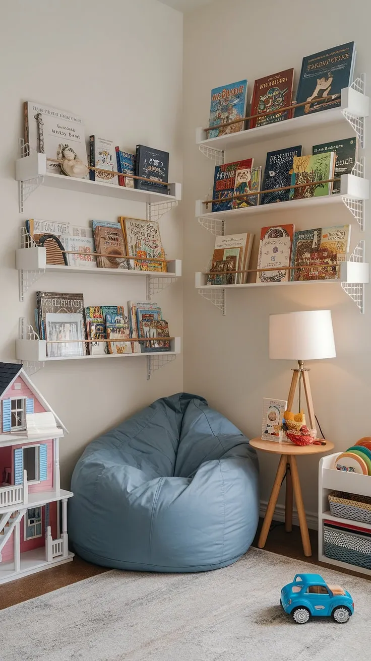 This toy room reading nook, complete with a bean bag reading nook and a small table piled high with books, is the ultimate reading corner for baby and beyond.  A kids reading nook designed to inspire a love of reading from the earliest age, this space transforms playtime into a magical reading experience.  The shelves overflow with stories, creating a perfect preschool reading nook and a family reading nook where memories are made.