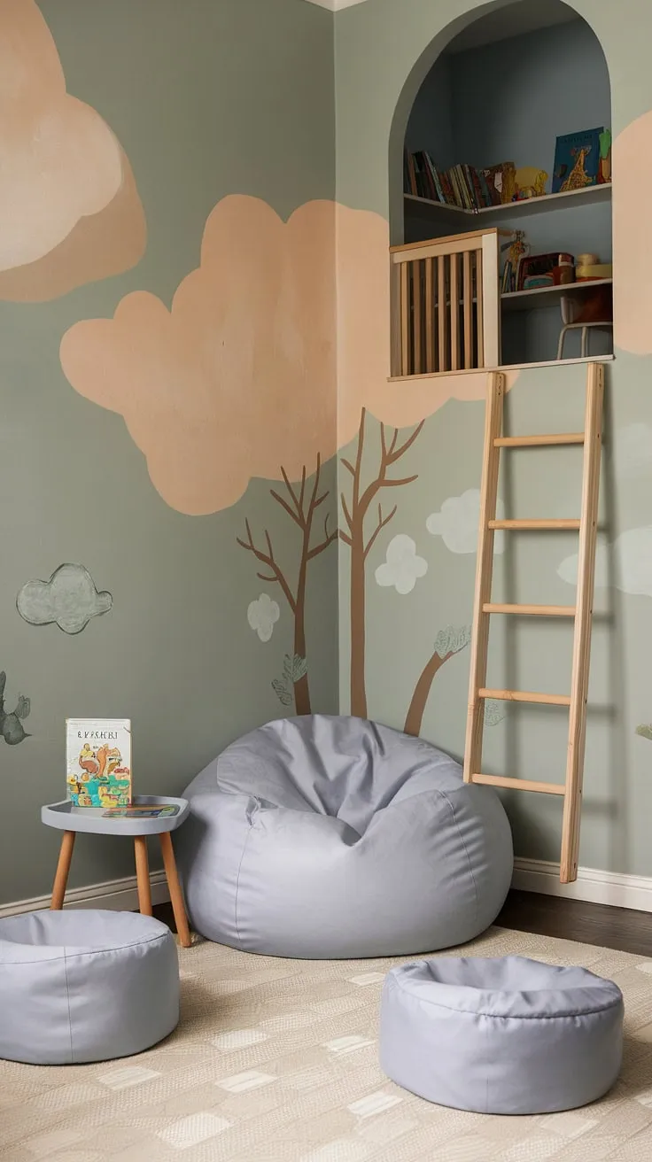 This dreamy toy room reading nook is a haven for little ones.  The bean bag reading nook, nestled amongst colorful bean bags, provides the perfect spot for snuggling up with a favorite book.  A ladder leads to a loft area, expanding this kids reading nook into a magical reading corner for baby and older children alike.  This preschool reading nook and family reading nook is designed for hours of imaginative play and quiet reading.