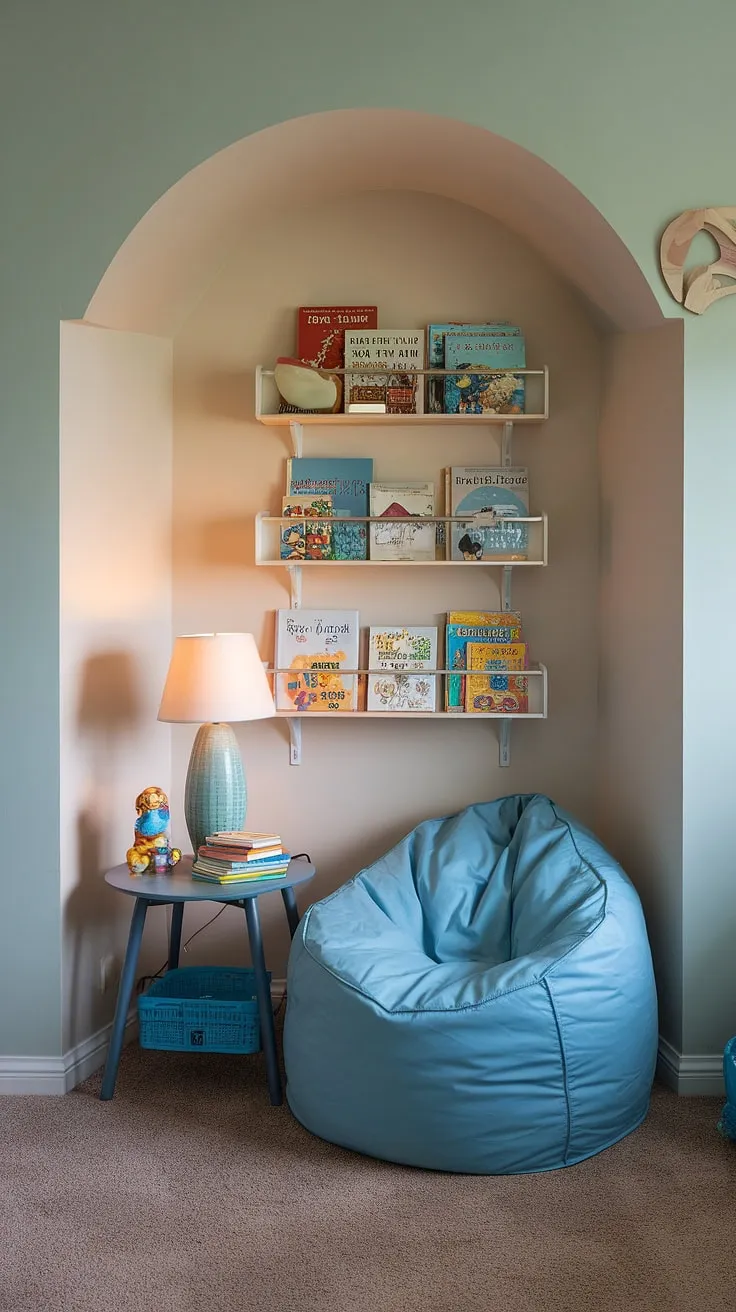 Nestled in the heart of this playful space, our cozy reading nook invites little ones to explore worlds beyond their imagination.  A bean bag reading nook, perfect for snuggling up with a favorite book, sits beside a small table holding a lamp, a stack of books, and a beloved toy. This child's reading corner, also a perfect preschool reading nook and toddler library nook, is a haven for quiet moments and shared family reading time.  It's more than just a playroom reading nook or toy room reading nook; it's a cherished corner where stories come alive.