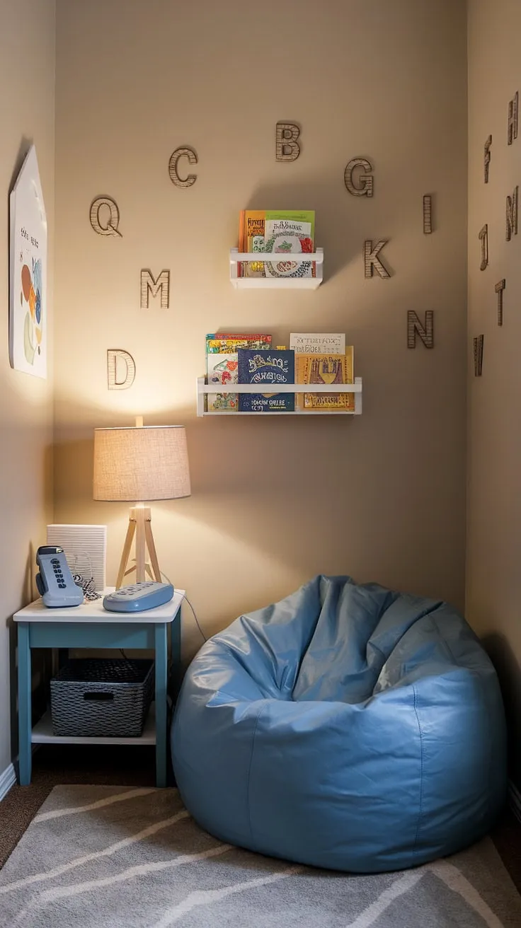 Escape the everyday in this enchanting reading corner for baby.  This family reading nook, nestled within a vibrant playroom, transforms into a magical bean bag reading nook.  The perfect kids reading nook and toddler library nook, this dedicated space encourages a love of reading, making it a cherished preschool reading nook and toy room reading nook.